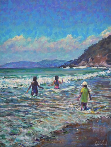 Provence beach, three children playing. by Peter Wood, 油畫 for Sale on Singulart