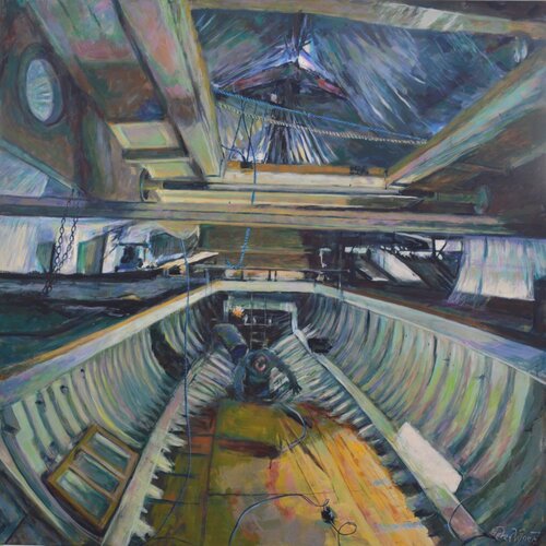 Interior of a traditional racing yacht at Barton boatyard by Peter Wood, 油畫 for Sale on Singulart