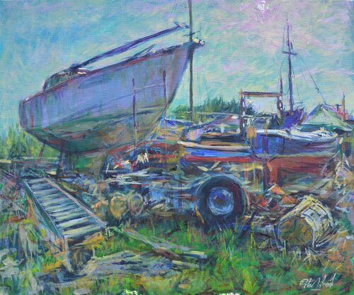 Barton boatyard Waiting for renovation van Peter Wood, Schilderij te koop op Singulart