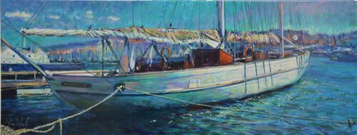 The yacht Marseille at Marseille di Peter Wood, Pittura in vendita su Singulart