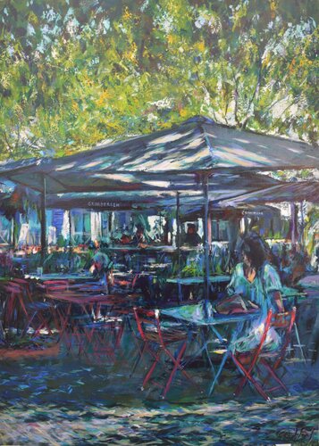 Street Cafe at La Rochelle harbour von Peter Wood, Malerei kaufen auf Singulart