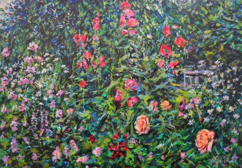 My garden with Roses and Hollyhocks. 2 - 2025 van Peter Wood, Schilderij te koop op Singulart