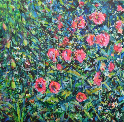 Painting in my garden 3 Summer 2025 Pears & Hollyhocks van Peter Wood, Schilderij te koop op Singulart