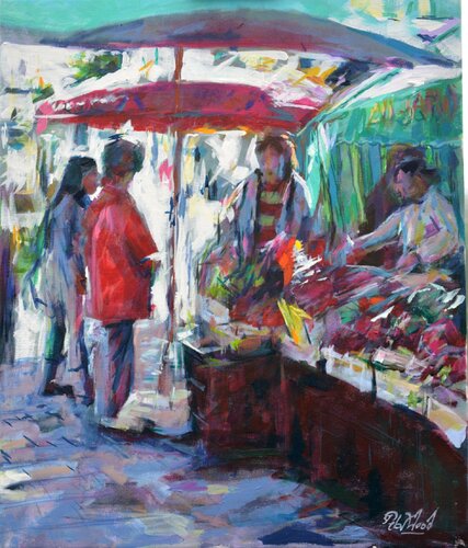 Market in Le Pradet - Provence van Peter Wood, Schilderij te koop op Singulart