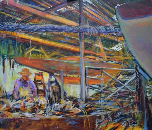 Traditional skills at Barton boatyard. van Peter Wood, Schilderij te koop op Singulart