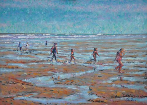 Grandchildren at the beach di Peter Wood, Pittura in vendita su Singulart