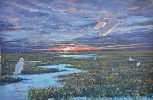 Egrets at Dawn on the marshes. di Peter Wood, Pittura in vendita su Singulart