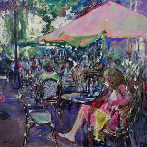 Secrets series 2019 - He is at the bar. Pink parasol 1. von Peter Wood, Malerei kaufen auf Singulart
