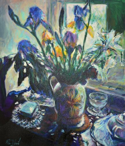 Vase of Iris di Peter Wood, Pittura in vendita su Singulart