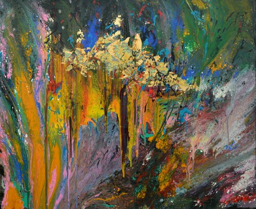 Textural fantasy - acrylic cells and gold leaf / metallic foil van Peter Wood, Schilderij te koop op Singulart