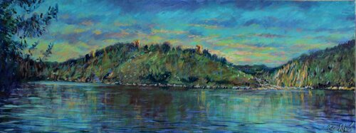 Crozant ruins at sunset di Peter Wood, Pittura in vendita su Singulart