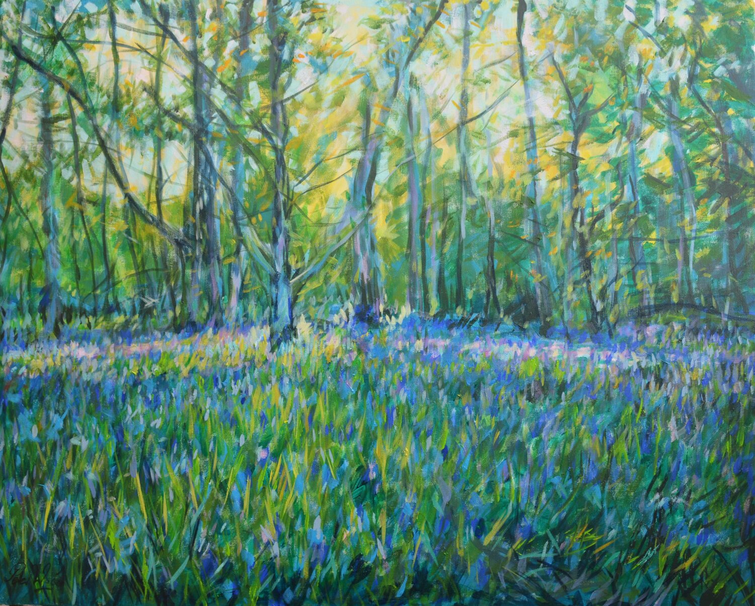 North Cliffe Wood, Bluebells, Afternoon light. Peter Wood Originalgemälde zu verkaufen