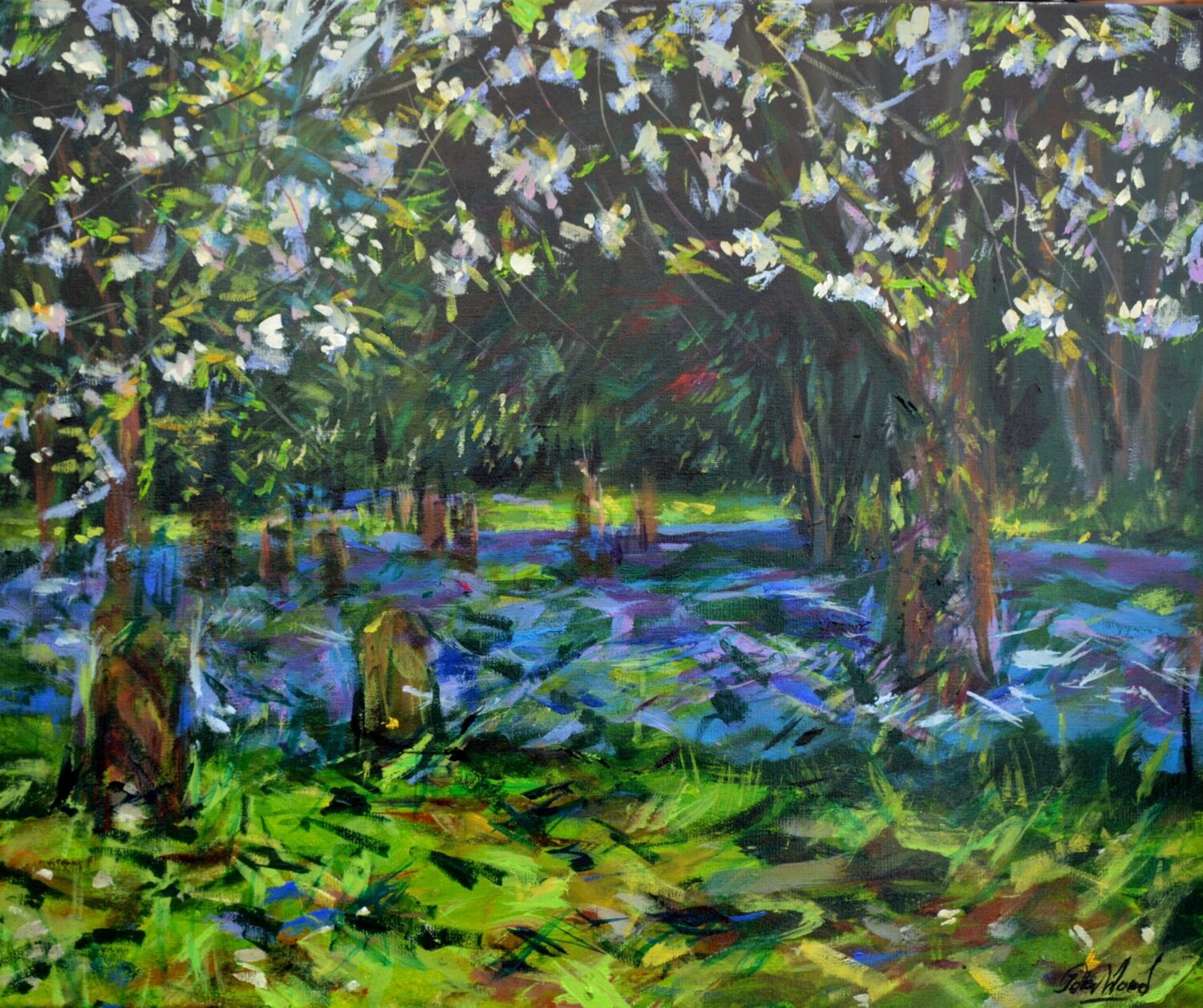 Forget me nots and cherry blossom, Elsham church Peter Wood Originalgemälde zu verkaufen
