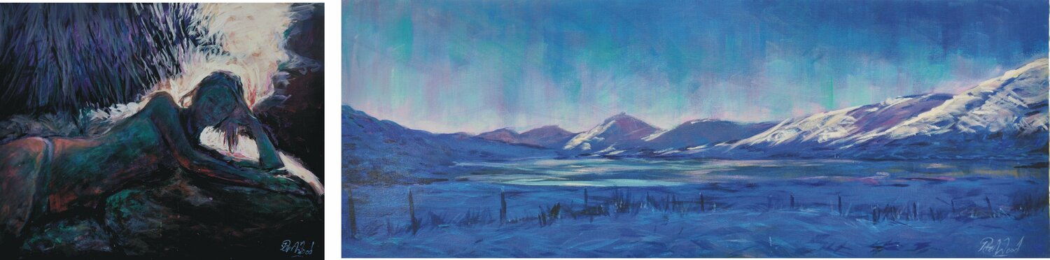 Woman reclining and Scottish snow. Peter Wood Originalgemälde zu verkaufen