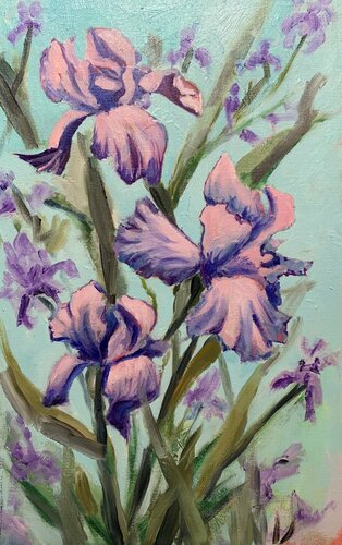 Bright flowers, bouquet. Irises. par Vita Schagen, Peinture en vente sur Singulart