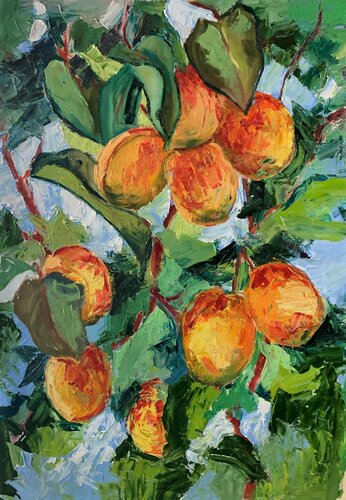 Apricot Garden. Landscape Original impasto, Palette knife oil painting. par Vita Schagen, Peinture en vente sur Singulart