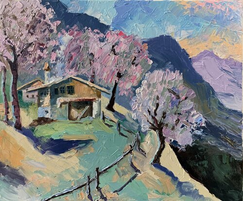 Landscape. Abandoned house in the mountains. Original impasto, Palette knife oil painting. par Vita Schagen, Peinture en vente sur Singulart