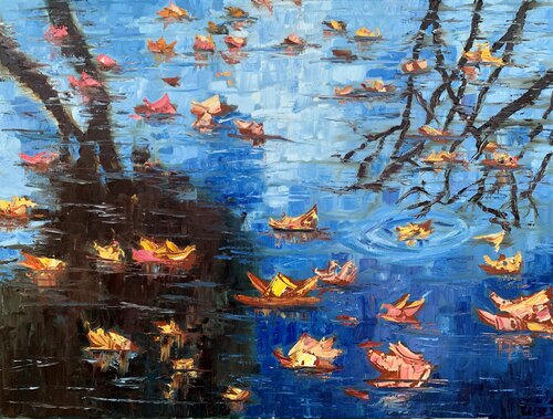 Autumn puddle. Reflections in the water. Original impasto, palette knife oil painting. di Vita Schagen, Pittura in vendita su Singulart