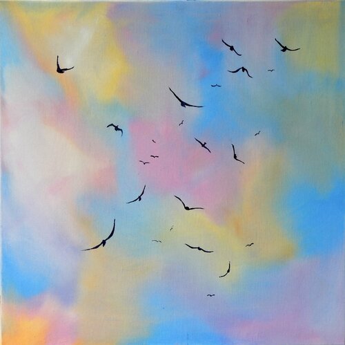 Free flight. Landscape with colorful sky and birds. Vita Schagen