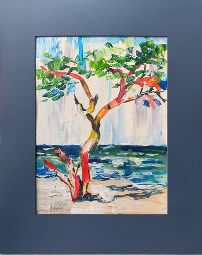 Abstract bright tree by the sea. Landscape. Palette knife original painting. by Vita Schagen, 종이 for Sale on Singulart
