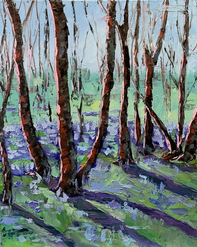 Landscape. Bluebells clearing in the forest. Original impasto, Palette knife oil painting. de Vita Schagen, Pintura a la venta en Singulart
