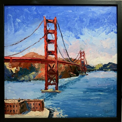 Golden Gate bridge, San-Francisco, California Cityscape. Original impasto, palette knife oil painting. par Vita Schagen, Peinture en vente sur Singulart