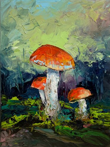 Landscape.Fungi, orange-cap boletus Mushrooms. Original impasto, palette knife oil painting. par Vita Schagen, Peinture en vente sur Singulart