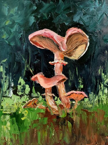 Landscape.Fungi chanterelle Mushrooms. Original impasto, palette knife oil painting. par Vita Schagen, Peinture en vente sur Singulart