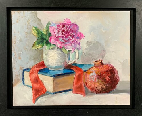 Still life with books and pomegranate. Vita Schagen