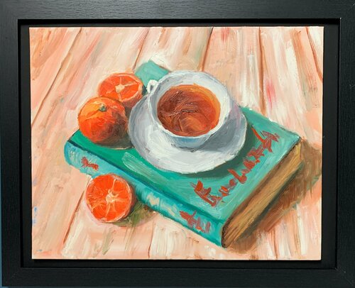 Still life with book and tangerines. von Vita Schagen, Malerei kaufen auf Singulart