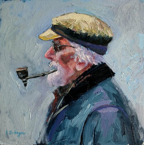 Man with a pipe. Palette knife original painting par Vita Schagen, Peinture en vente sur Singulart