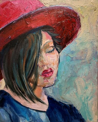 Woman in a red hat. Portrait. di Vita Schagen, Pittura in vendita su Singulart
