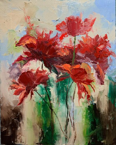 Rd flowers. Original impasto, palette knife oil painting. by Vita Schagen, 絵画 for Sale on Singulart