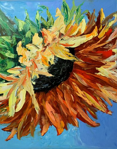 Sunflower. Garden flowers. Original impasto, palette knife oil painting. di Vita Schagen, Pittura in vendita su Singulart