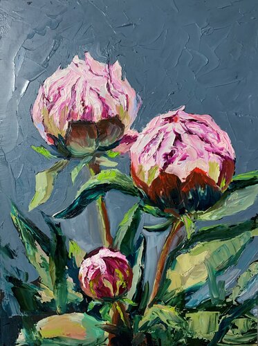 Peonies flowers. Original impasto, palette knife oil painting. di Vita Schagen, Pittura in vendita su Singulart
