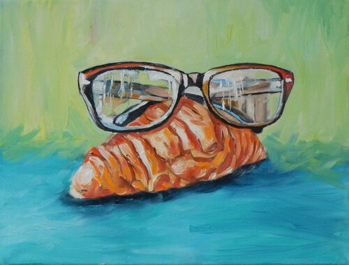 Croissant with glasses . Still life. par Vita Schagen, Peinture en vente sur Singulart