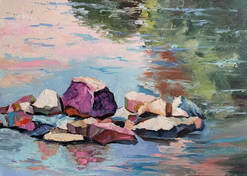 Rocks in the lake. Landscape. Original impasto, Palette knife oil painting. von Vita Schagen, Malerei kaufen auf Singulart