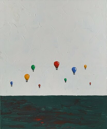 Red, Yellow, blue air balloons. Abstract landscape. van Vita Schagen, Schilderij te koop op Singulart