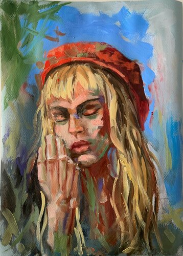 Woman in a red hat. Portrait. par Vita Schagen, Œuvre sur papier en vente sur Singulart