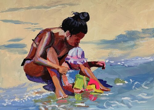Vacation in Italy. Schetch. Mom with a kid on the beach. di Vita Schagen, Opera su carta in vendita su Singulart