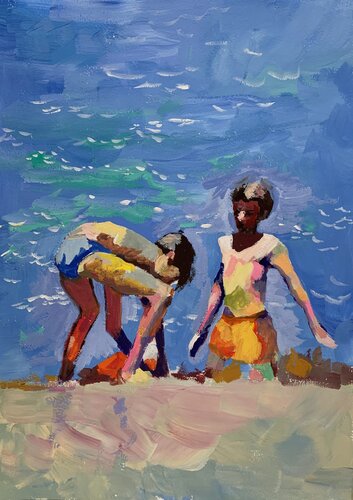 Vacation in Italy. Sketch. Mom with a kid on the beach. par Vita Schagen, Œuvre sur papier en vente sur Singulart