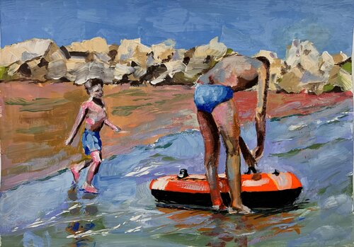 Vacation in Italy. Schetch. Dad with a kid on the beach. di Vita Schagen, Opera su carta in vendita su Singulart