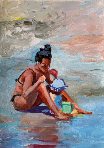 Vacation in Italy. Schetch. Mom with a kid on the beach. (2) by Vita Schagen, 종이 for Sale on Singulart