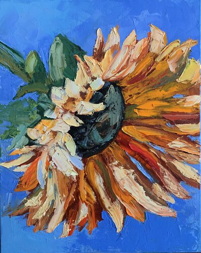 Sunflower. Garden flowers. Original impasto, palette knife oil painting. von Vita Schagen, Malerei kaufen auf Singulart