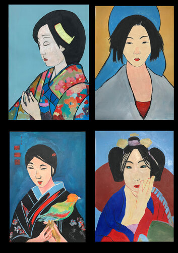 JAPANESE BEAUTY. Set of 4 paintings A4 size. par Vita Schagen, Peinture en vente sur Singulart