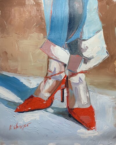 ON RED HEELS. WOMAN FIGURE. PALETTE KNIFE, IMPASTO. par Vita Schagen, Peinture en vente sur Singulart