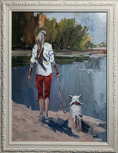 WOMAN WALKING WITH A DOG. PALETTE KNIFE, IMPASTO. by Vita Schagen, 絵画 for Sale on Singulart