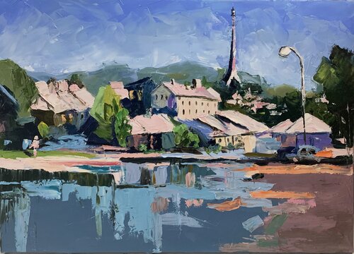 Little town by the lake. France landscape. by Vita Schagen, Painting for Sale on Singulart