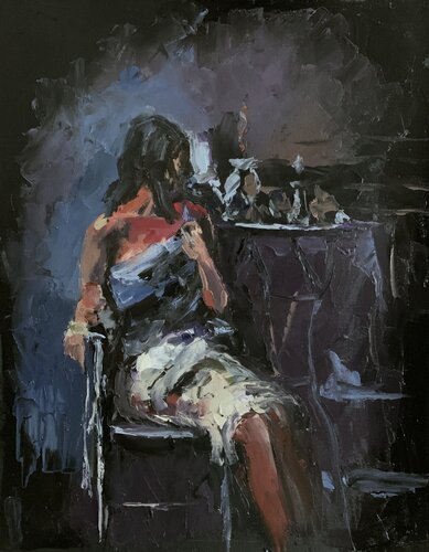 WOMAN IN A CAFE ON BLACK. par Vita Schagen, Peinture en vente sur Singulart