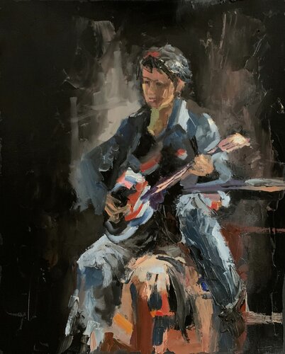 Playing guitar on black. par Vita Schagen, Peinture en vente sur Singulart